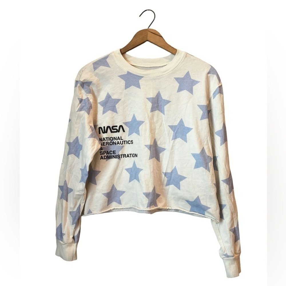 Mighty‎ Fine NASA Cropped Shirt Long Sleeve Stars Space Womens L Cream Baby Blue